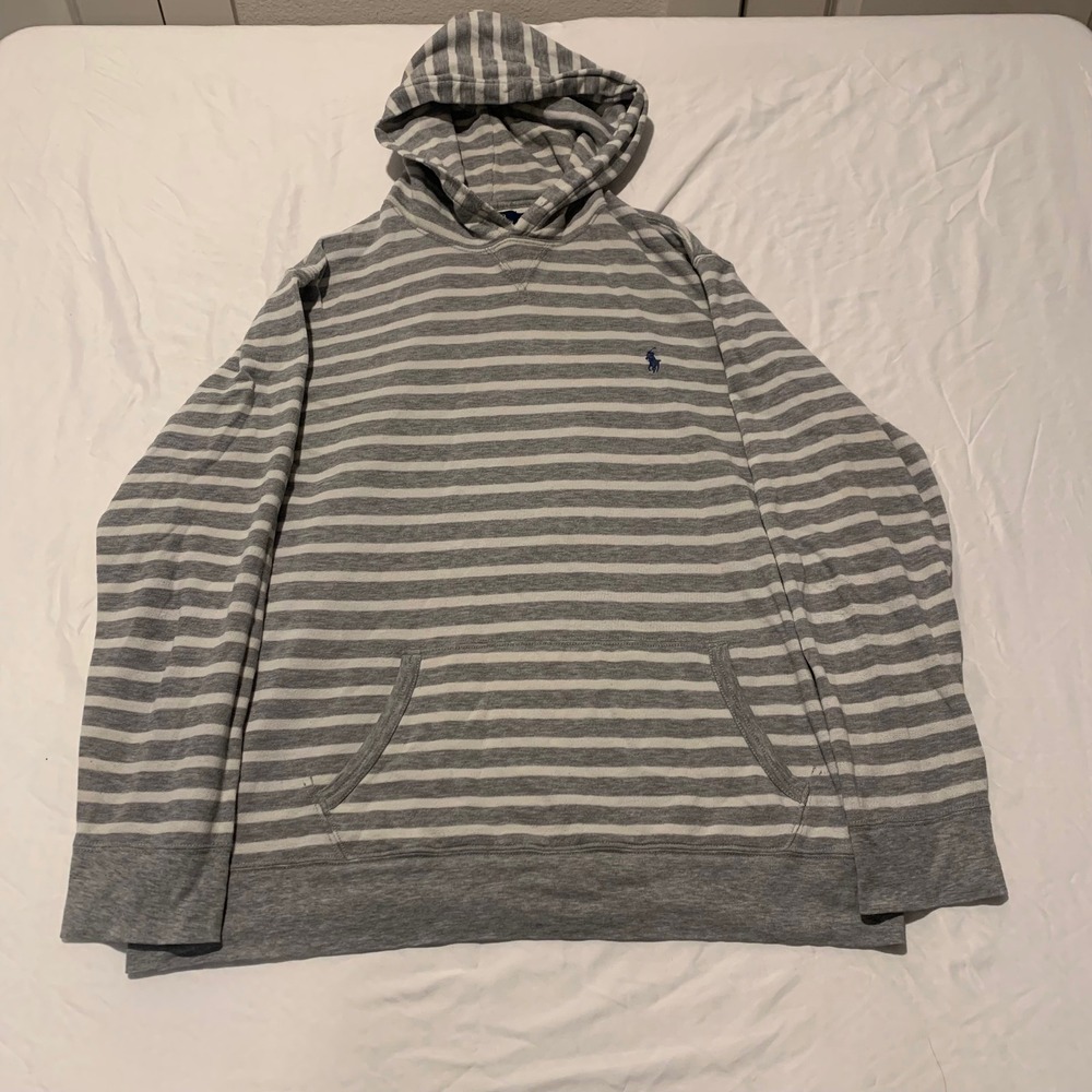 Polo Ralph Lauren Mens XL Grey White Striped Pullover Hoodie Sweatshirt